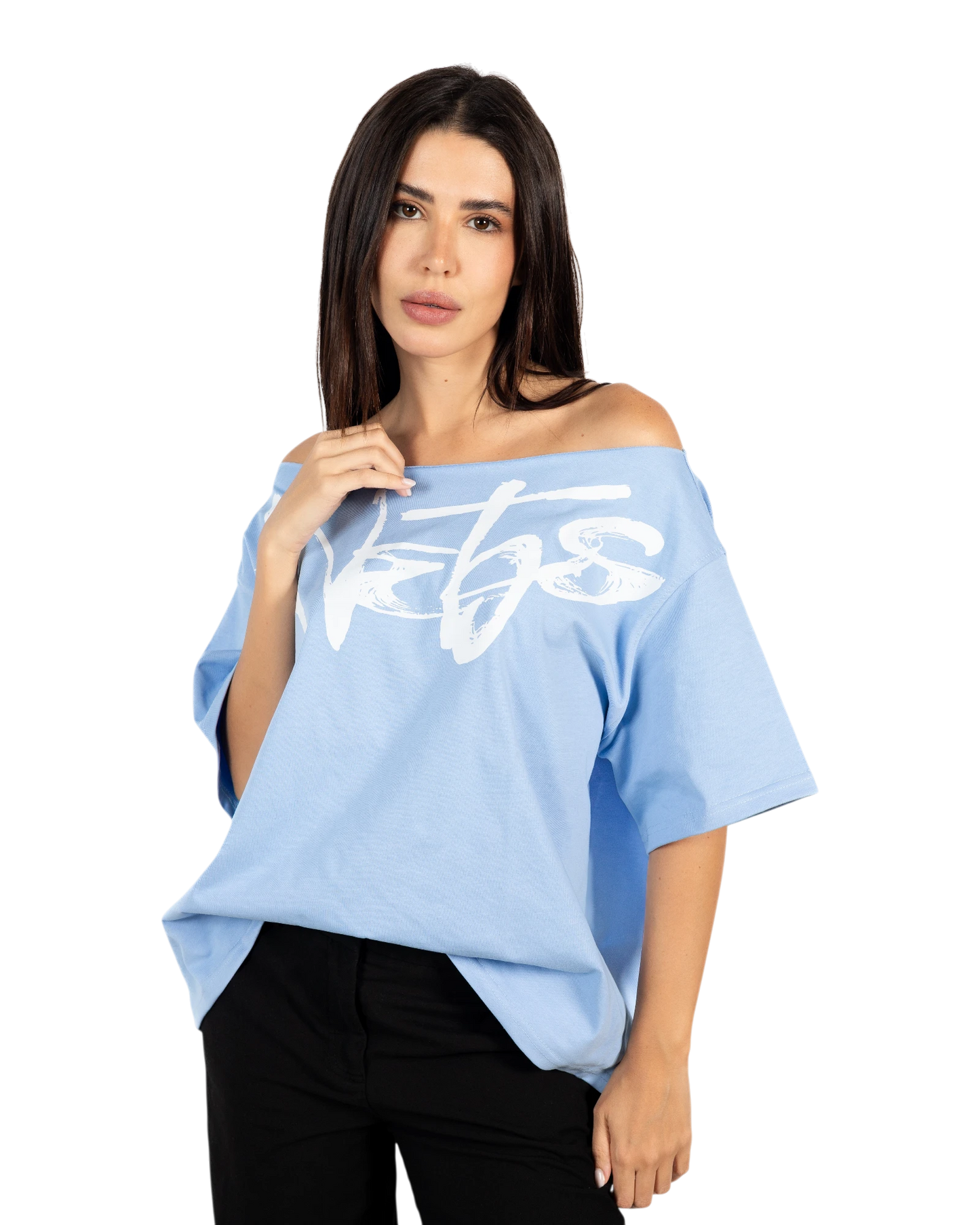 Anetos baby blue 100% Egyptian cotton off-shoulder top with white graphic print. Oversized fit.