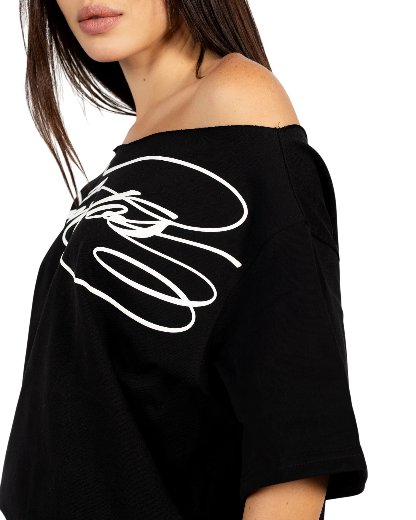 Anetos black cotton off-shoulder t-shirt with white graphic print and relaxed fit.