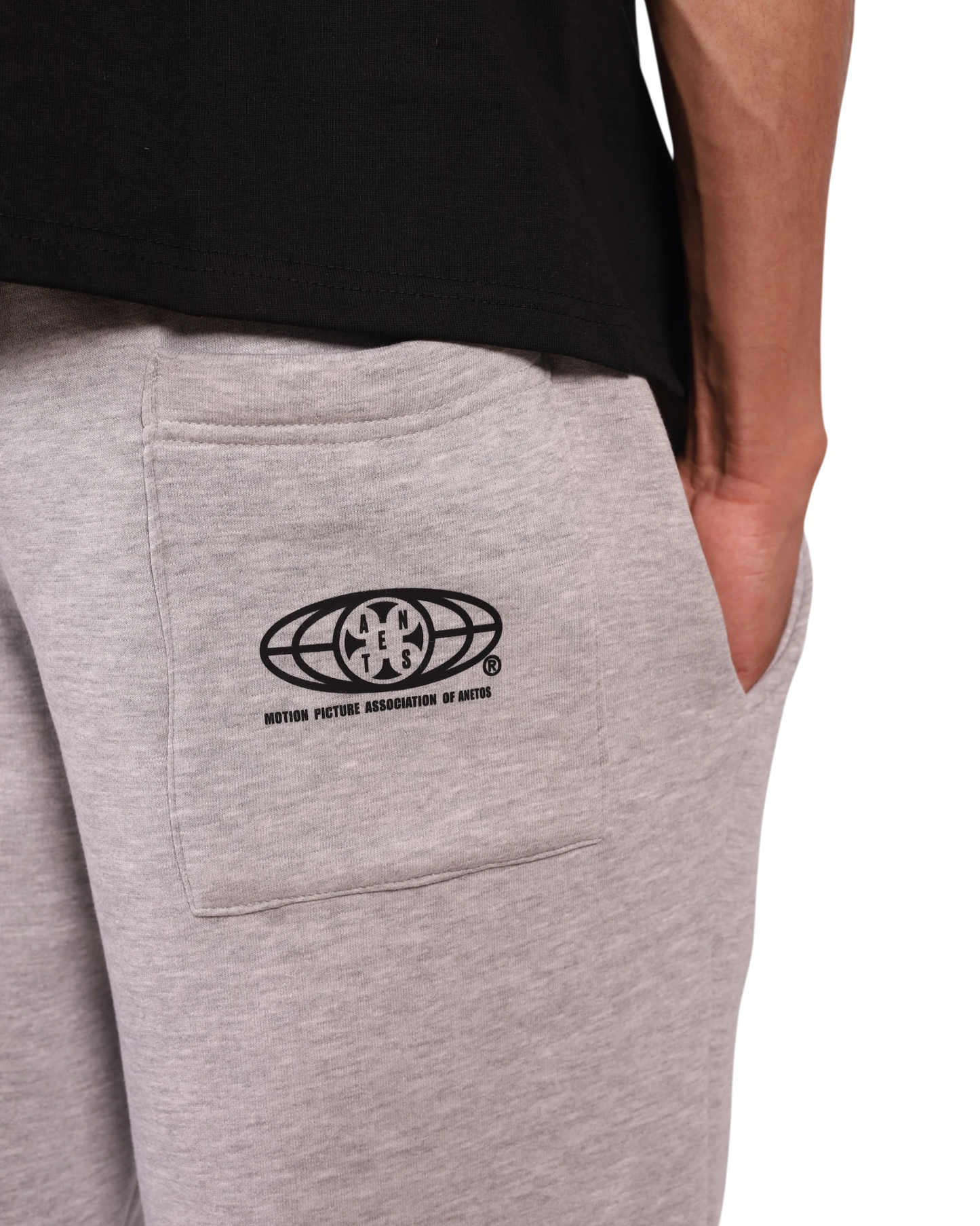 Anetos grey cotton blend sweatpants with a black logo graphic on the back pocket.