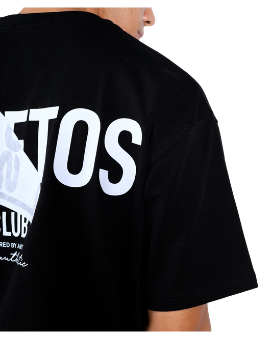 Anetos Authentic Club black cotton t-shirt with white graphic print on back.