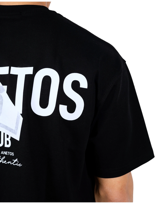 Anetos Authentic Club black cotton t-shirt with white graphic print on back.