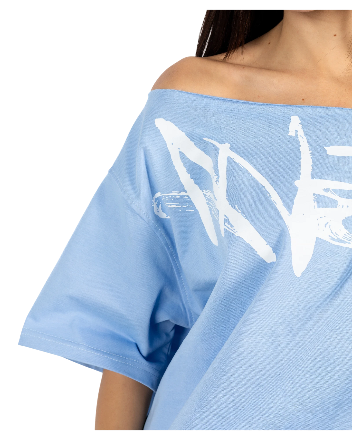 Anetos baby blue 100% Egyptian cotton off-shoulder top with oversized fit and white graphic print.