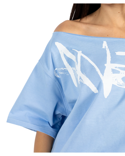 Anetos baby blue 100% Egyptian cotton off-shoulder top with oversized fit and white graphic print.