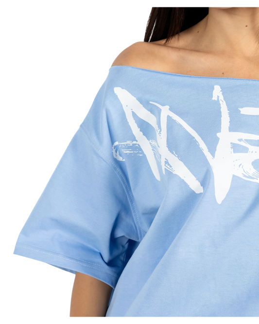 Anetos baby blue 100% Egyptian cotton off-shoulder top with oversized fit and white graphic print.