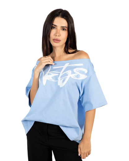 Anetos baby blue 100% Egyptian cotton off-shoulder top with white graphic print. Oversized fit.