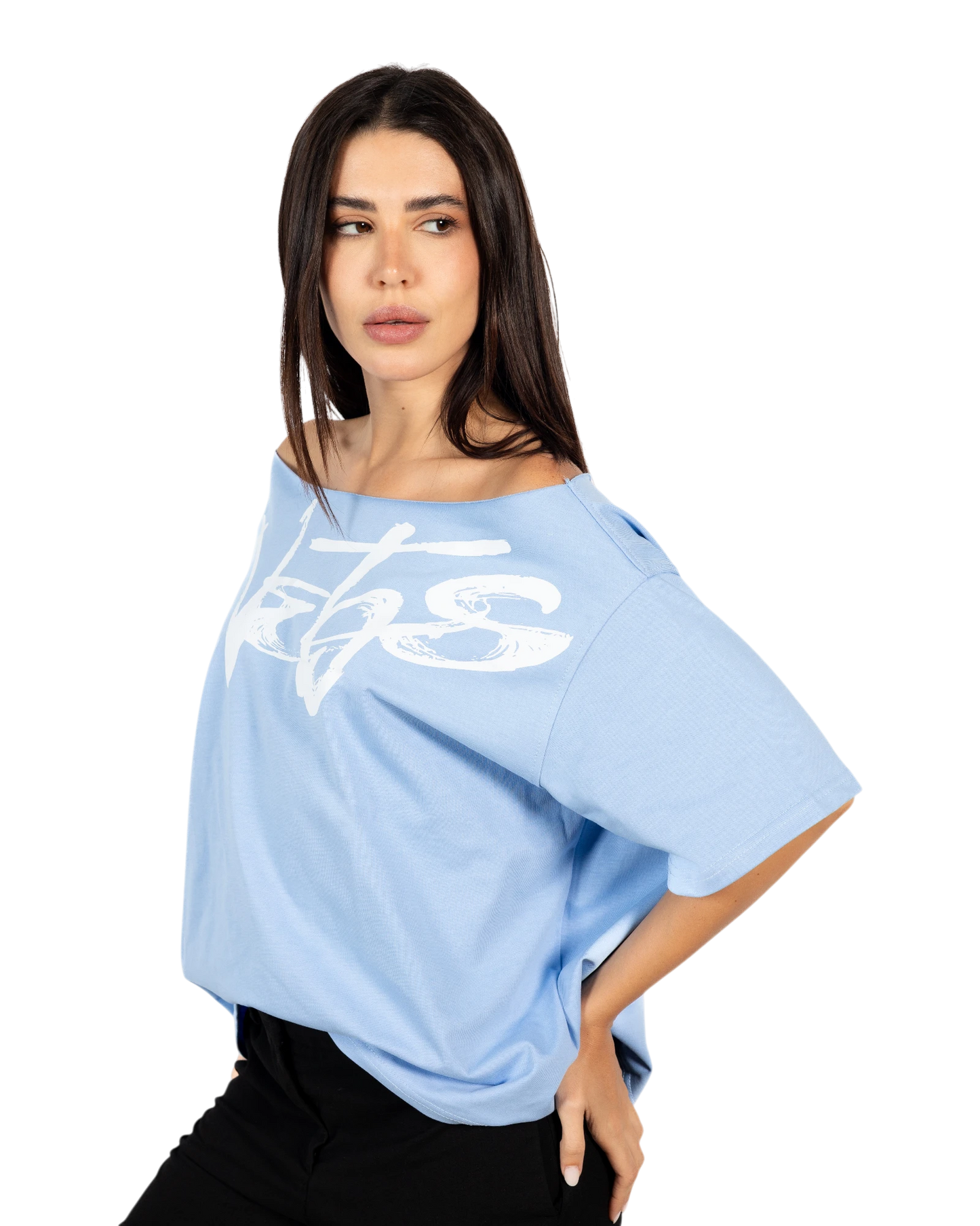 Anetos baby blue 100% Egyptian cotton off-shoulder top with white graphic print. Oversized fit.
