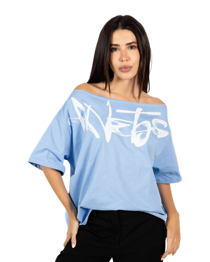 Anetos baby blue 100% Egyptian cotton off-shoulder top with oversized fit and white graphic print.