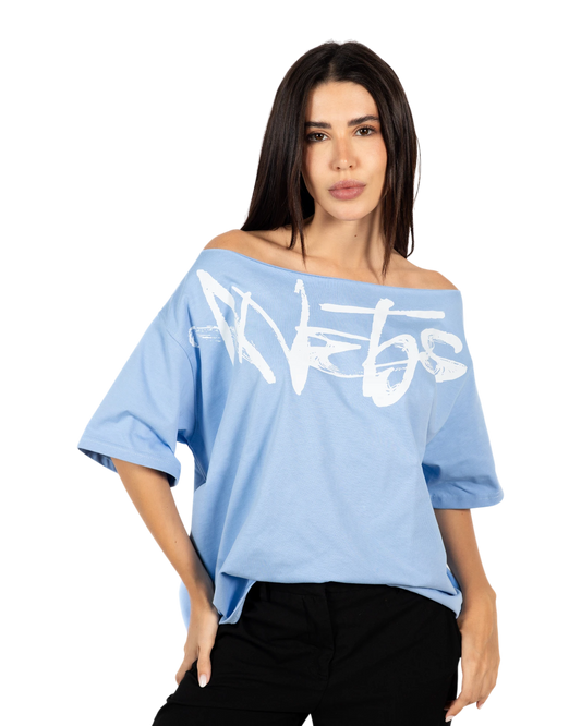 Anetos baby blue 100% Egyptian cotton off-shoulder top with oversized fit and white graphic print.