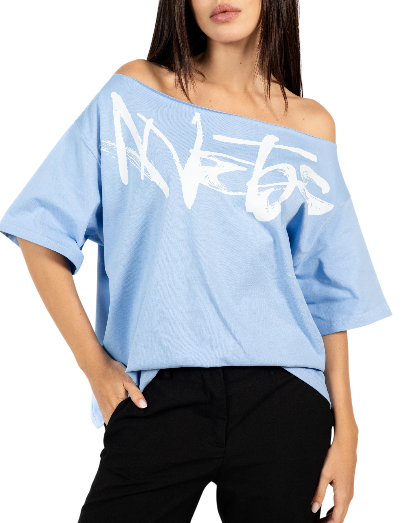 Anetos baby blue 100% Egyptian cotton off-shoulder top with oversized fit and white graphic print.