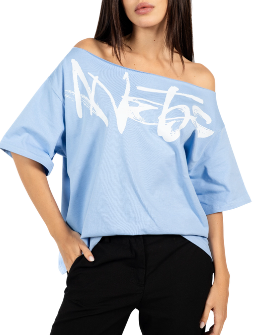 Anetos baby blue 100% Egyptian cotton off-shoulder top with oversized fit and white graphic print.