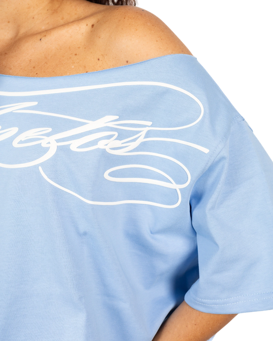 Anetos baby blue cotton off-shoulder top with white script logo detail. Relaxed fit, perfect for casual or dressy occasions.