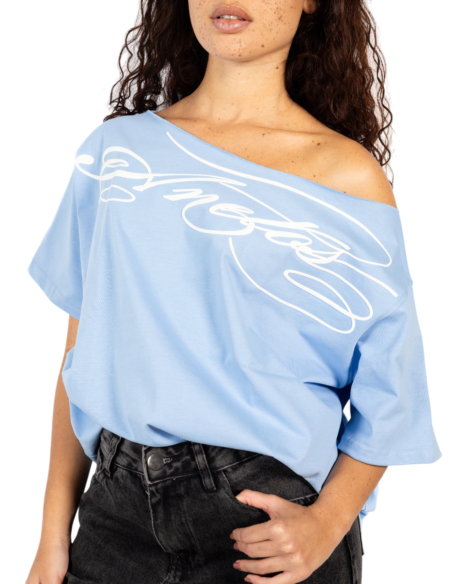 Anetos baby blue cotton off-shoulder top with white signature logo print, relaxed fit.