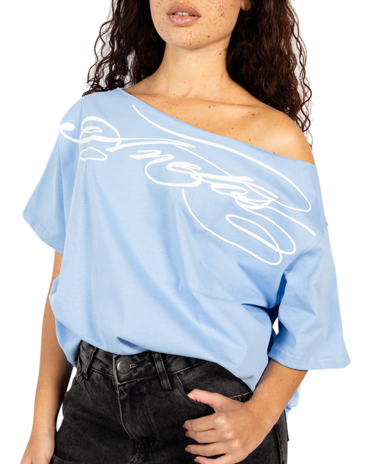 Anetos baby blue cotton off-shoulder top with white signature logo print, relaxed fit.