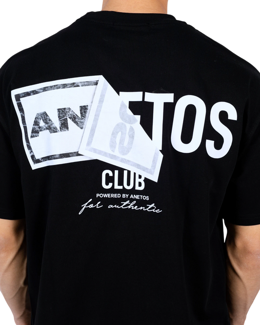 Black Anetos Authentic Club t-shirt with white graphic print and text.