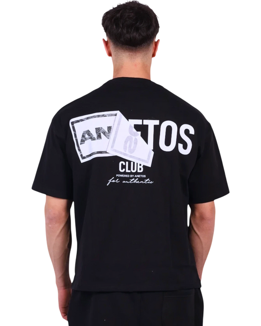 Anetos black cotton t-shirt with 'ANETOS CLUB' graphic print on the back. Casual fit.