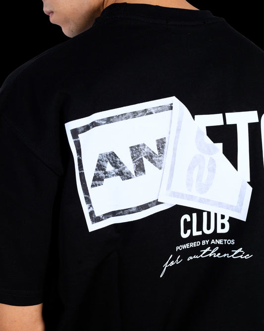 Anetos black cotton t-shirt with a distressed graphic print featuring the word "CLUB" and "powered by Anetos for authentic" text.