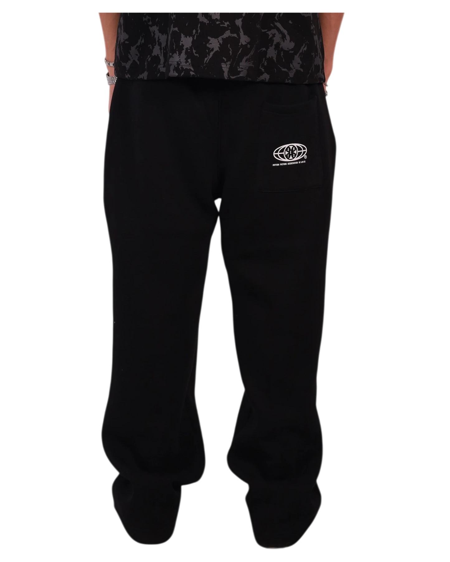 Anetos black cotton sweatpants with a small white logo on the back pocket. Relaxed fit, casual style.