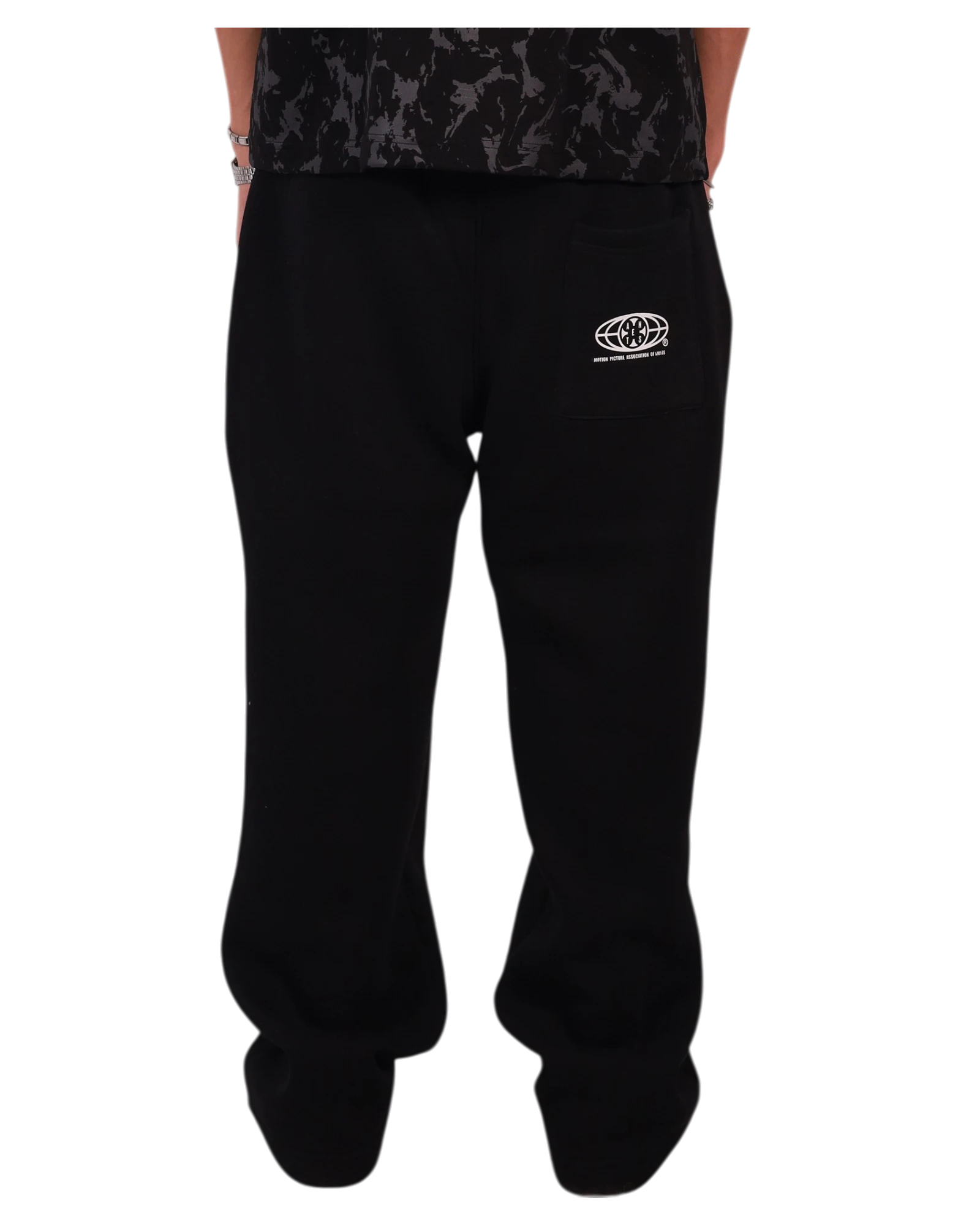 Anetos black cotton sweatpants with a small white logo on the back pocket. Relaxed fit, casual style.