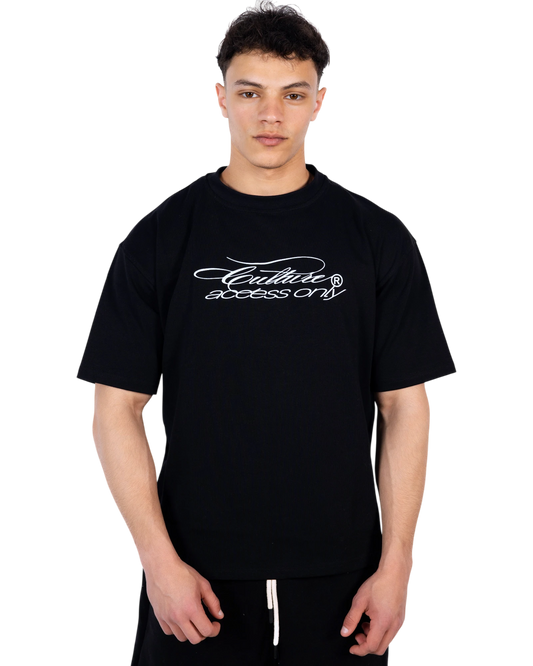 Anetos black cotton t-shirt with white script logo "Culture access only" on chest.