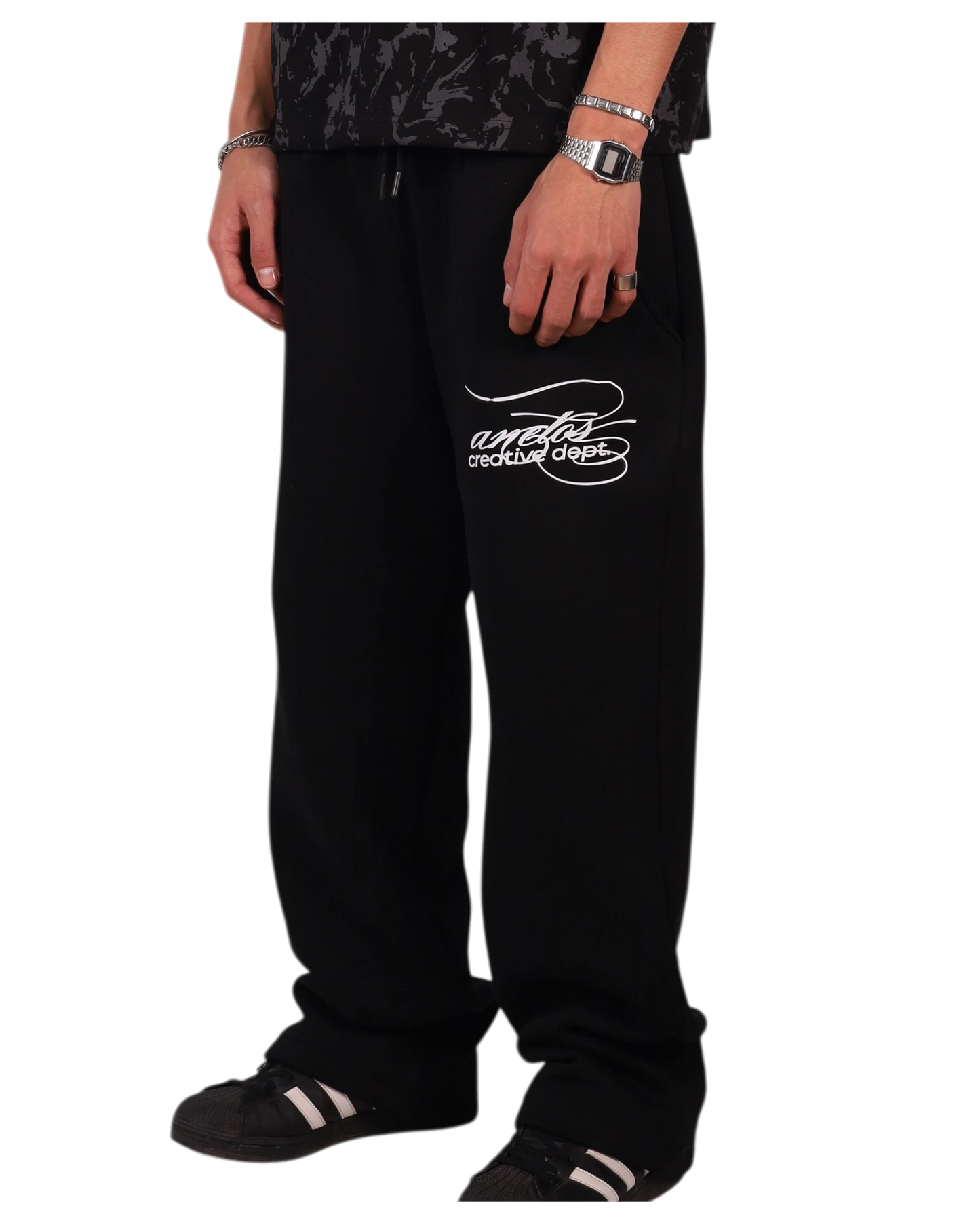 Anetos black sweatpants with white embroidered logo on the left leg. Relaxed fit, casual style.