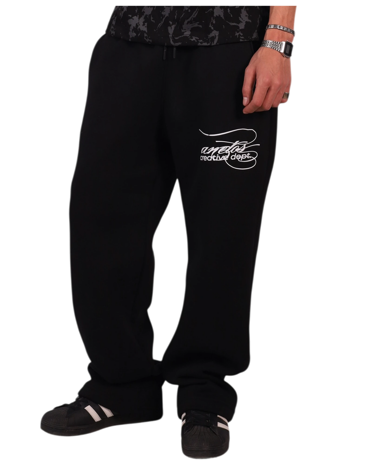 Anetos black cotton sweatpants with white embroidered logo on the left thigh. Relaxed fit, drawstring waist.