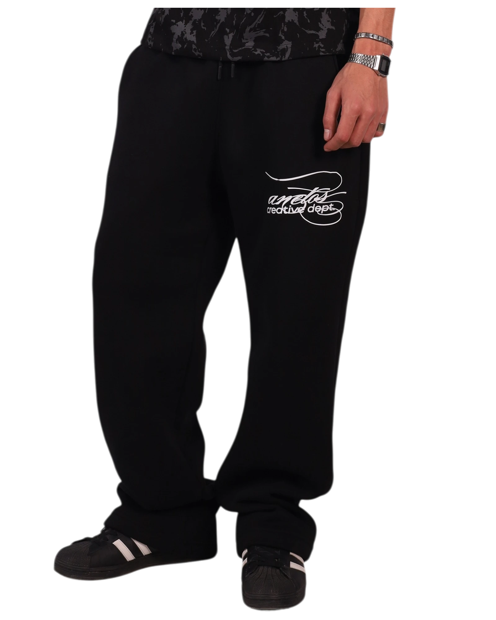 Anetos black cotton sweatpants with white embroidered logo on the left thigh. Relaxed fit, drawstring waist.