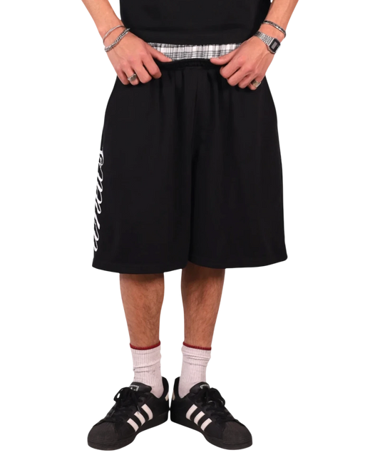 Anetos black double-waisted shorts with white logo detail and plaid waistband.