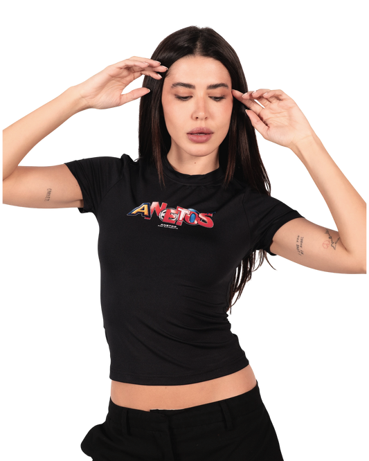 Anetos black short-sleeve fitted top with a colourful logo on the chest. High-quality material for comfort and style.