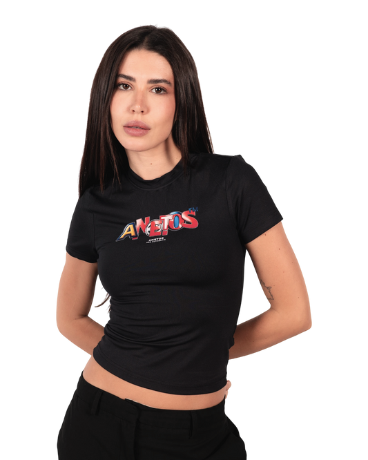 Anetos black short-sleeve fitted top with a colourful fusion logo on the chest.