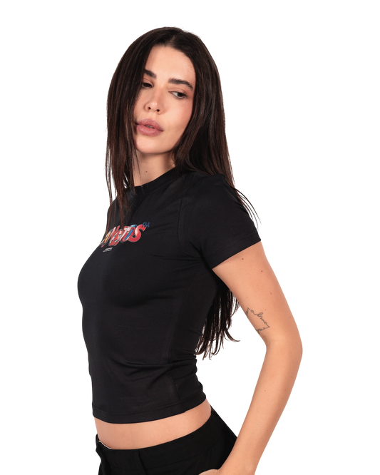 Anetos black short-sleeve crew neck t-shirt with a colorful fusion logo on the chest.