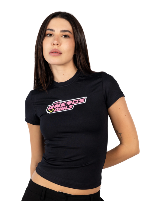 Anetos black cropped t-shirt with pink and white 'Anetos Girls' graphic print on the chest.