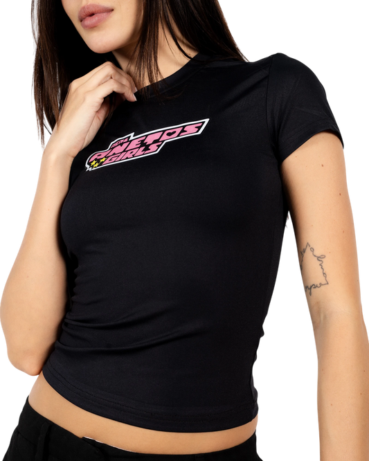 Anetos black cropped t-shirt with pink and white Anetos Girls logo on the chest.