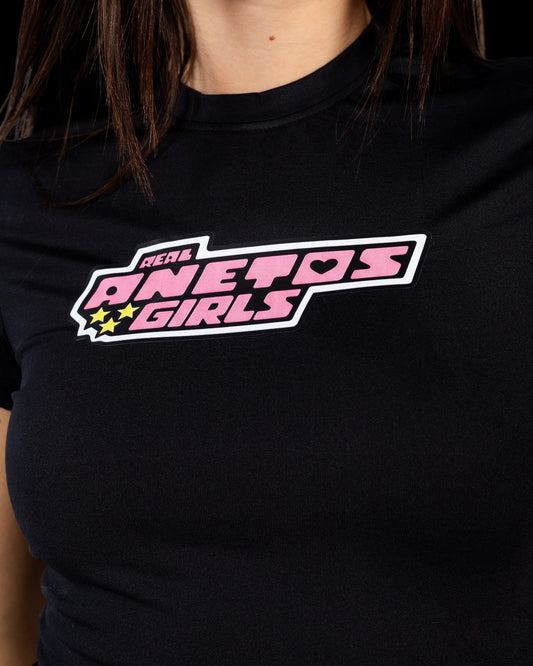Anetos black girls t-shirt with pink 'Anetos Girls' logo and yellow stars.
