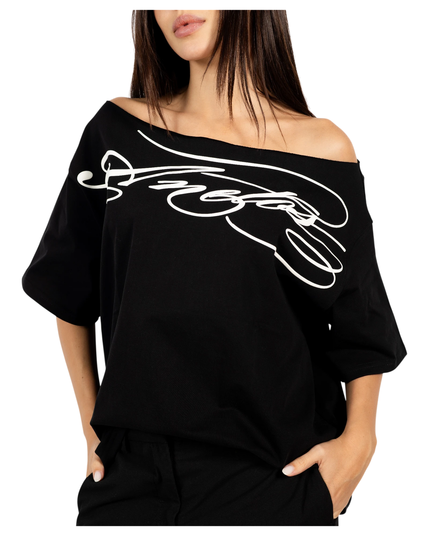 Anetos black cotton off-shoulder t-shirt with white graphic print and relaxed fit.