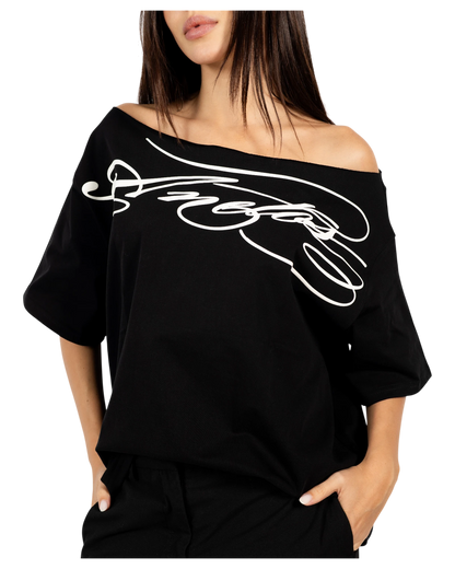 Anetos black cotton off-shoulder t-shirt with white graphic print and relaxed fit.