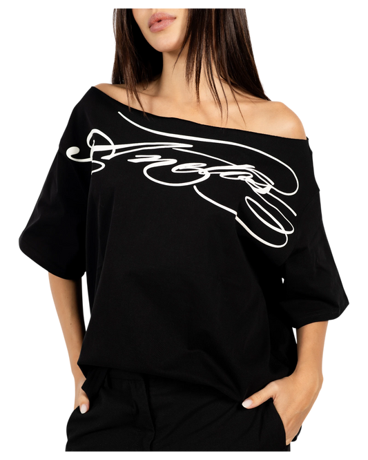 Anetos black cotton off-shoulder t-shirt with white graphic print and relaxed fit.