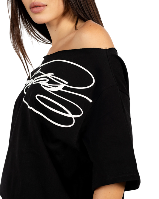 Anetos black cotton off-shoulder t-shirt with white graphic print and relaxed fit.