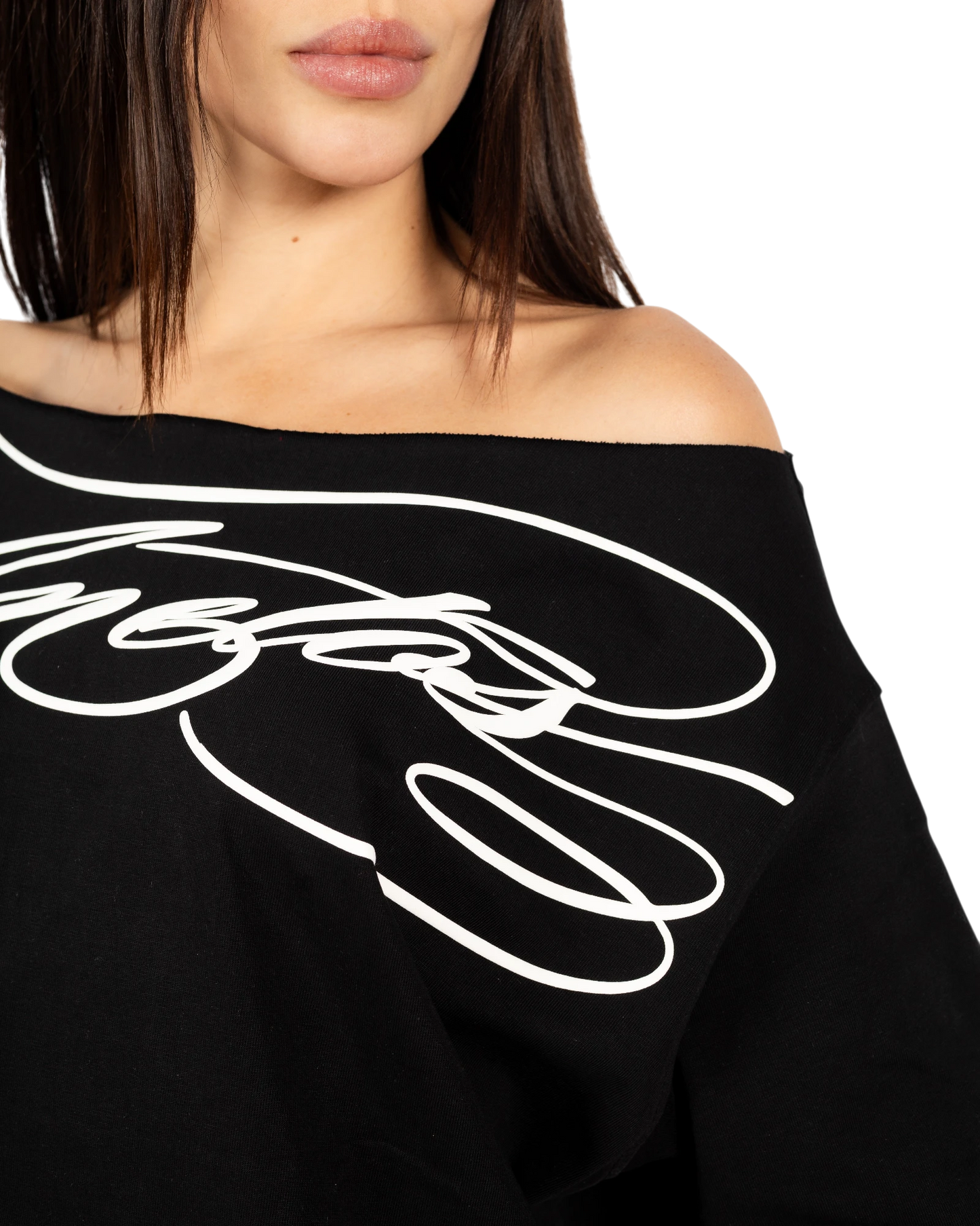 Anetos black cotton off-shoulder t-shirt with white graphic print. Relaxed fit, ideal for casual or chic looks.