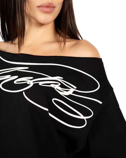 Anetos black cotton off-shoulder t-shirt with white graphic print. Relaxed fit, ideal for casual or chic looks.
