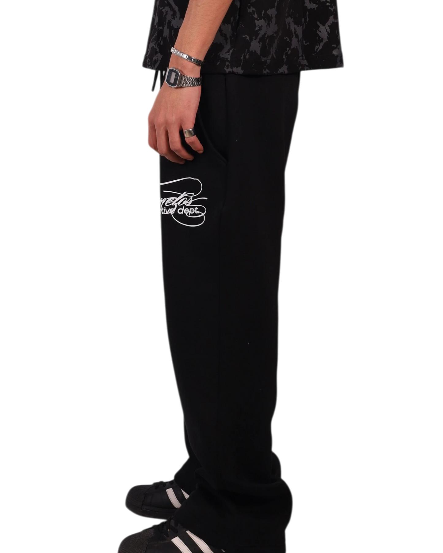 Anetos black cotton sweatpants with white logo detail on the left leg. Relaxed fit, casual style.