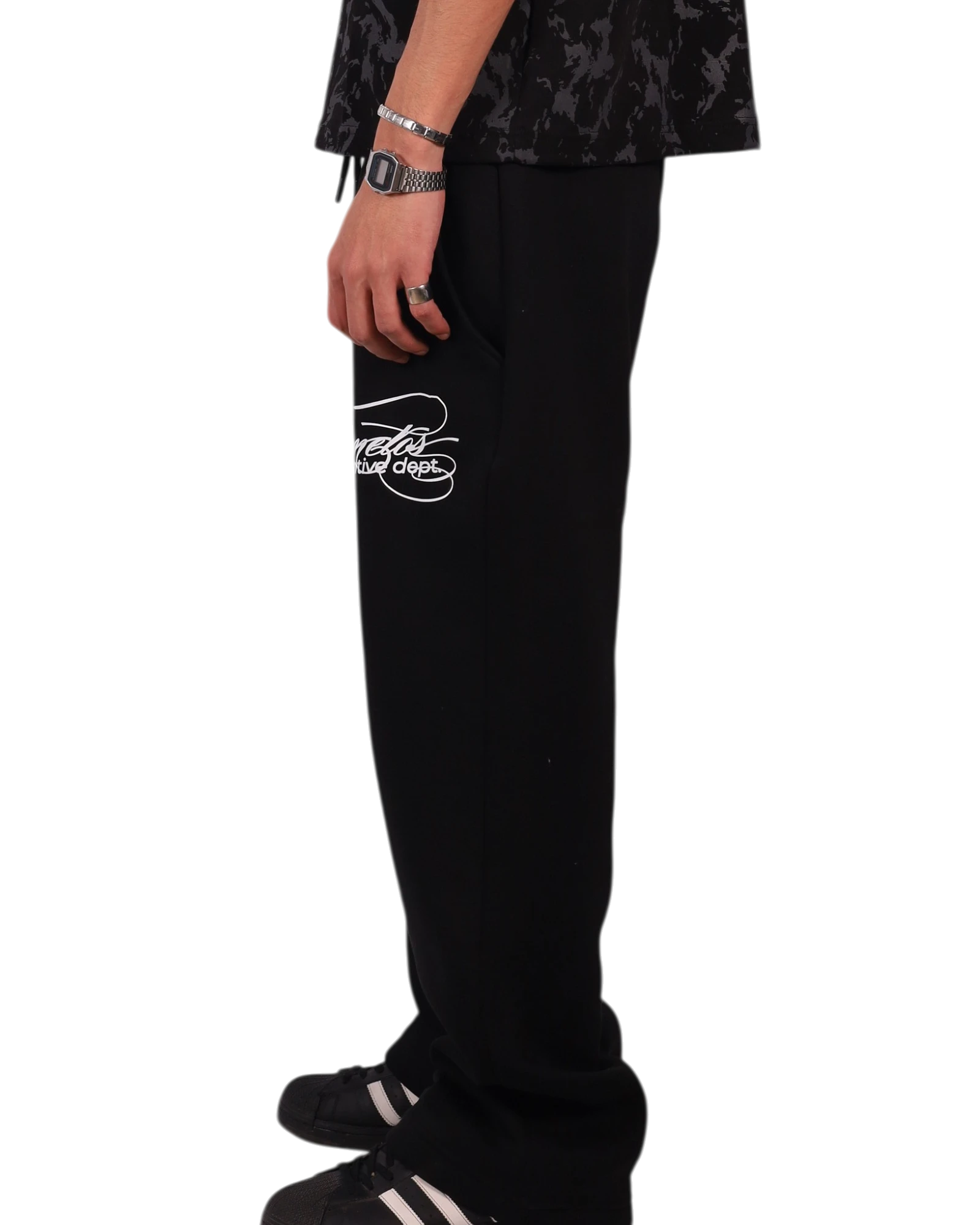 Anetos black cotton sweatpants with white logo detail on the left leg. Relaxed fit, casual style.