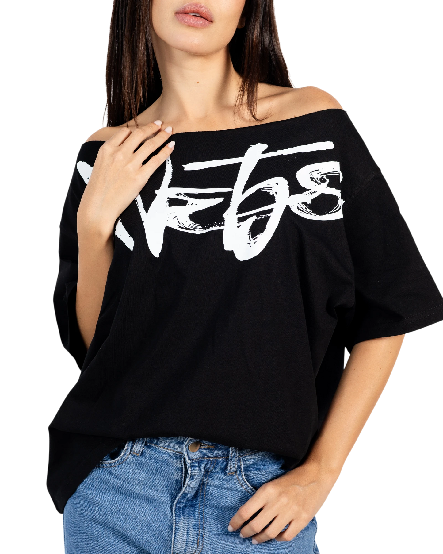 Anetos black signature off-shoulder top made of 100% Egyptian cotton with a relaxed, oversized fit and white graphic print.