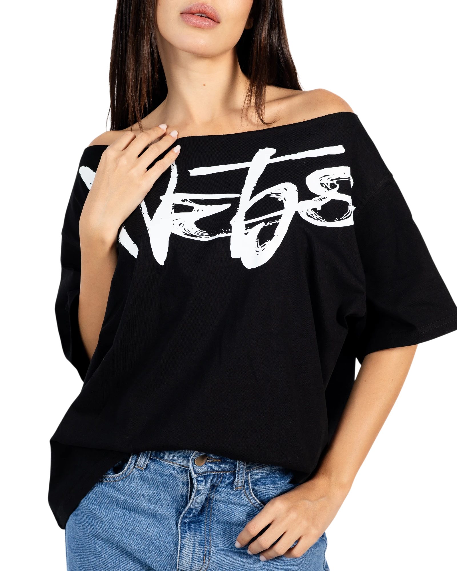 Anetos black signature off-shoulder top made of 100% Egyptian cotton with a relaxed, oversized fit and white graphic print.
