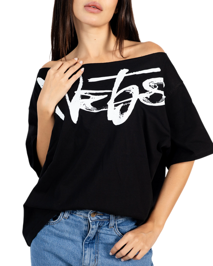 Anetos black signature off-shoulder top made of 100% Egyptian cotton with a relaxed, oversized fit and white graphic print.