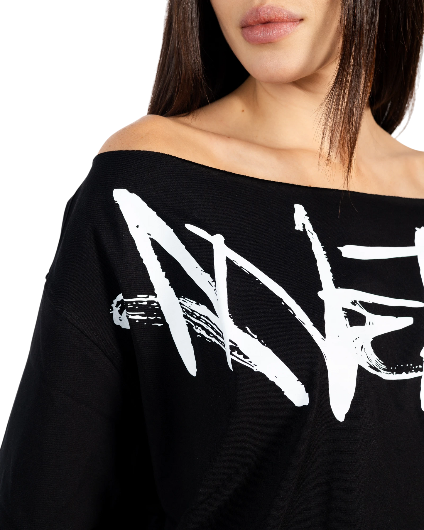 Anetos black 100% Egyptian cotton off-shoulder top with oversized fit and white signature graphic.