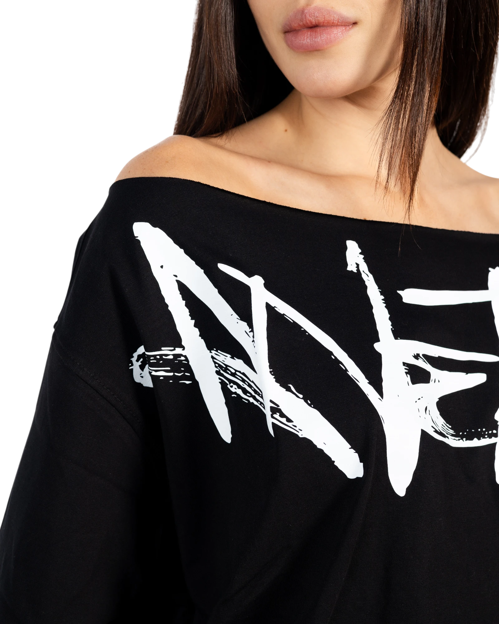 Anetos black 100% Egyptian cotton off-shoulder top with oversized fit and white signature graphic.