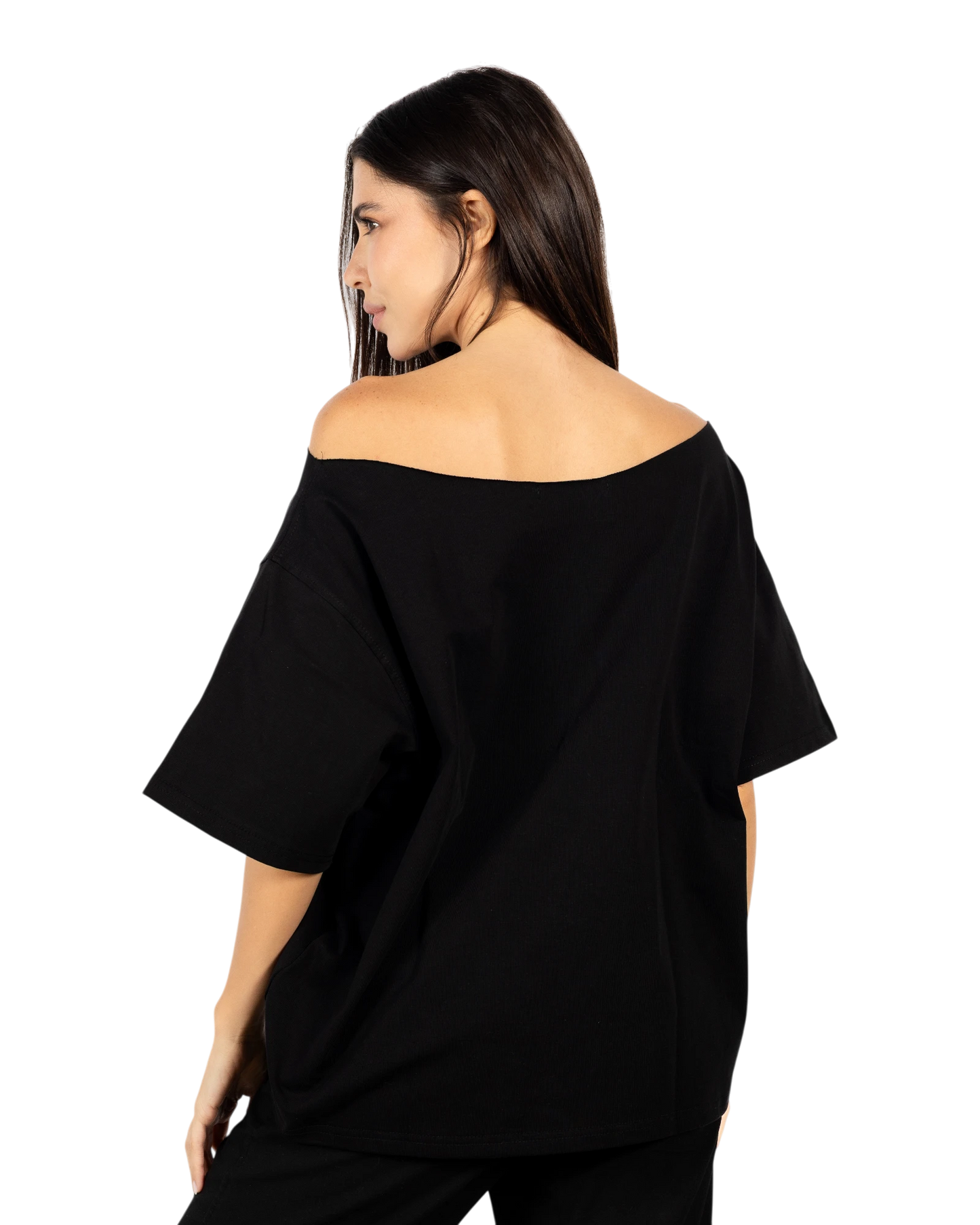 Anetos black cotton off-shoulder t-shirt with a relaxed fit and white graphic detail.