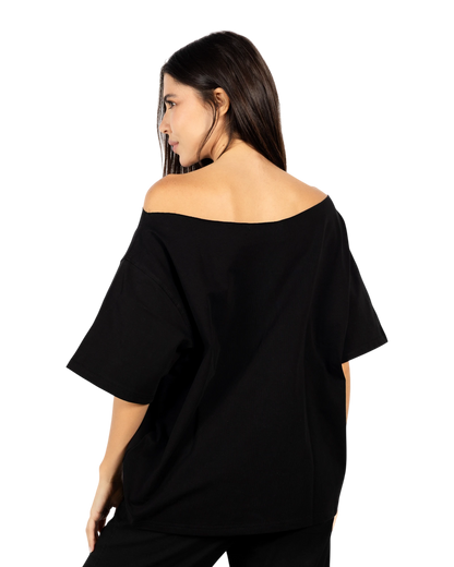 Anetos black cotton off-shoulder t-shirt with a relaxed fit and white graphic detail.