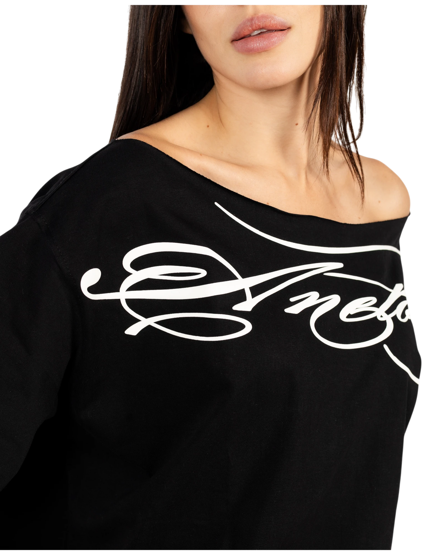 Anetos black cotton off-shoulder t-shirt with white graphic print and relaxed fit.