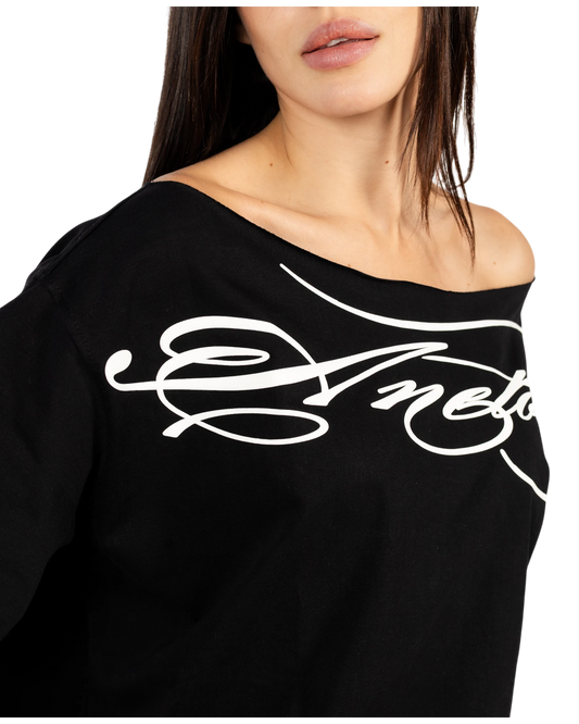 Anetos black cotton off-shoulder t-shirt with white graphic print and relaxed fit.